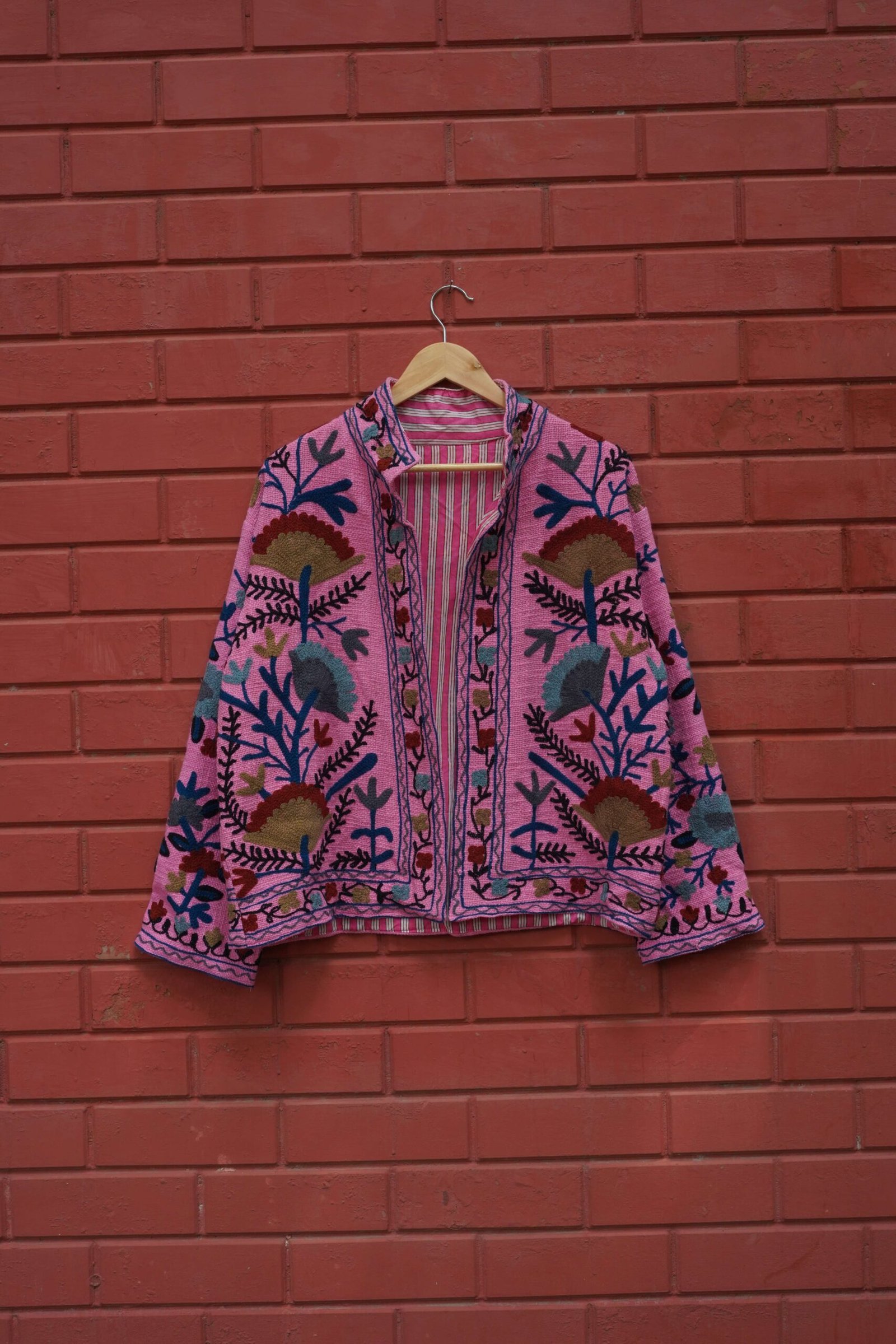 Womens Pink Velvet Embroidered Jacket with Floral Design - Image 2